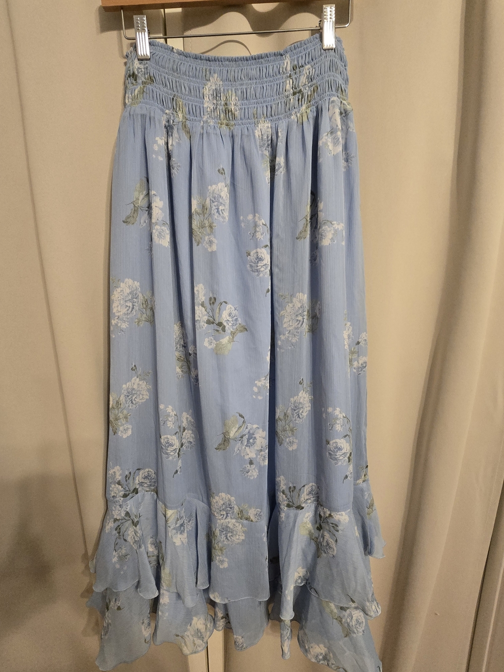 LOFT Blue Floral Smocked Waist Ruffle Maxi Skirt Size L